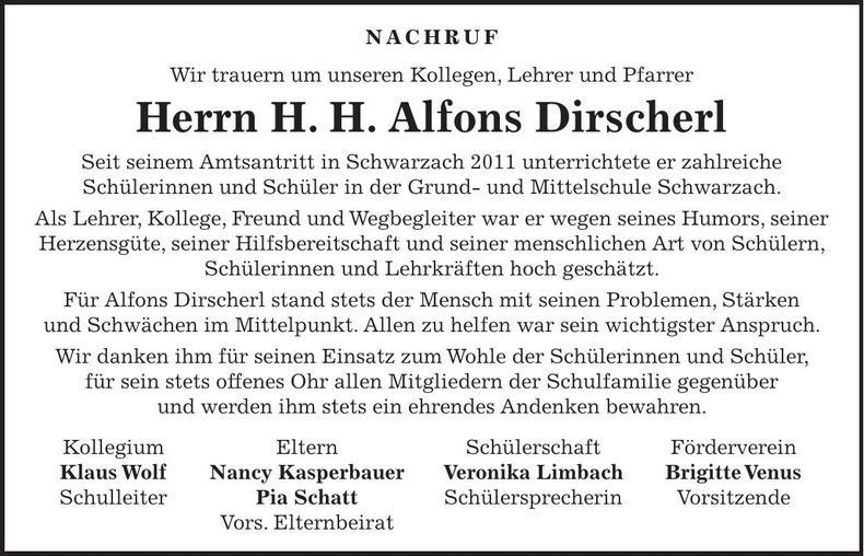 Traueranzeige Alfons Dirscherl