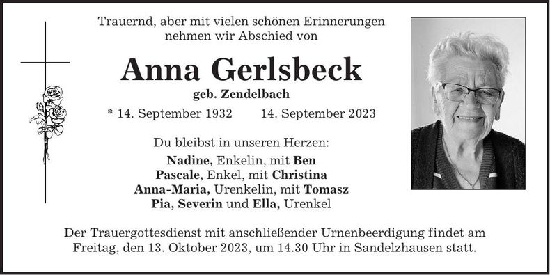 Traueranzeige Anna Gerlsbeck