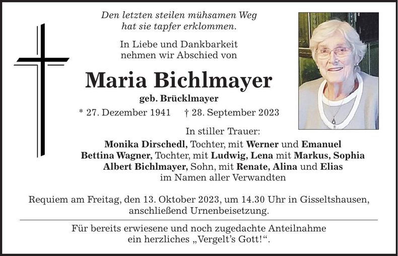 Traueranzeige Maria Bichlmayer