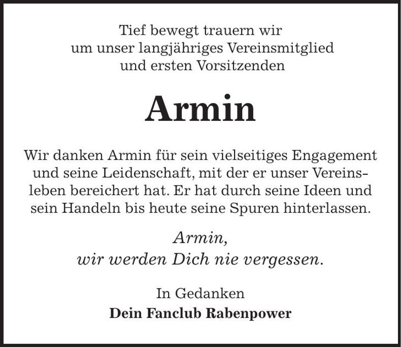 Traueranzeige Armin Wagenbauer