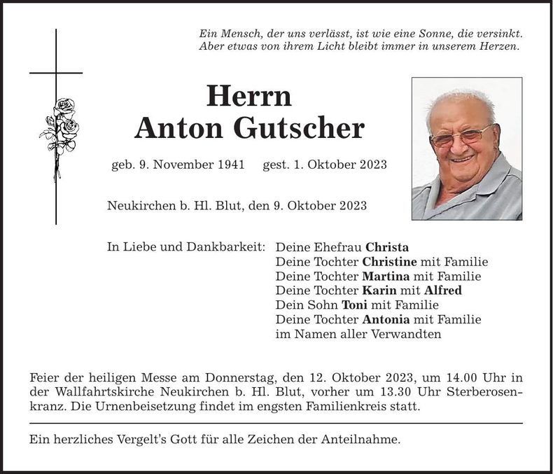 Traueranzeige Anton Gutscher