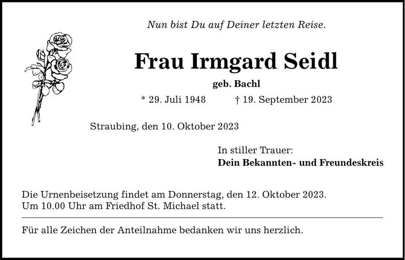 Traueranzeige Irmgard Seidl