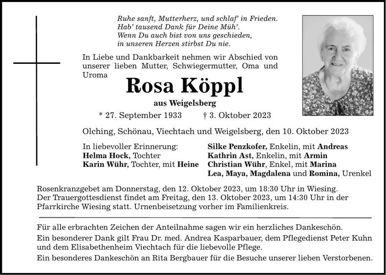 Traueranzeige Rosa Köppl