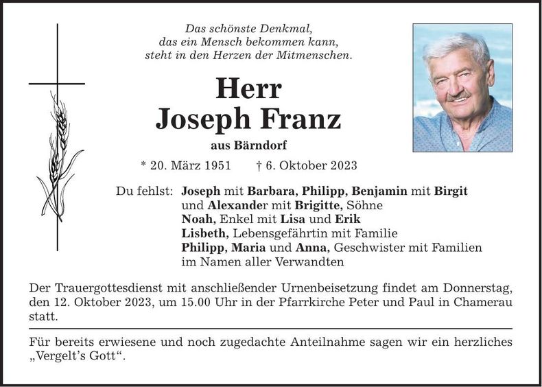 Traueranzeige Joseph Franz