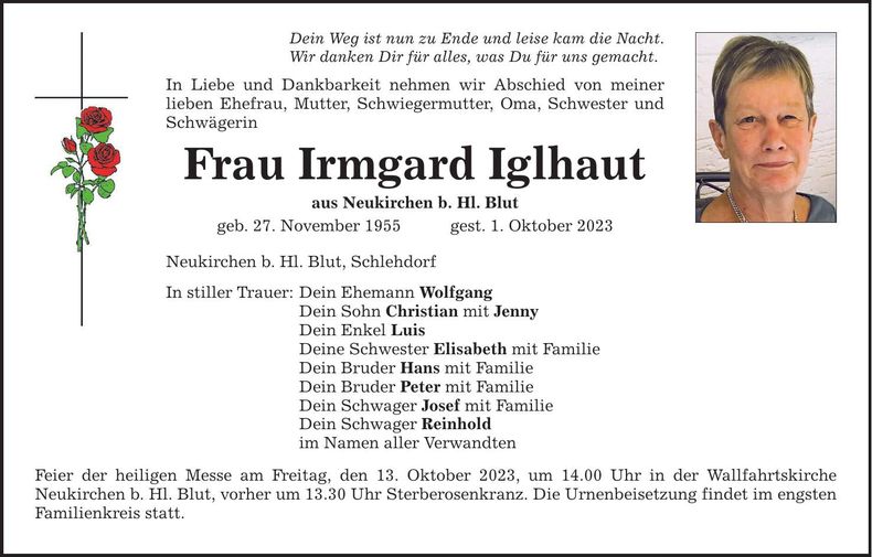Traueranzeige Irmgard Iglhaut