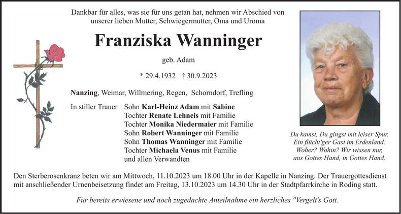 Traueranzeige Franziska Wanninger