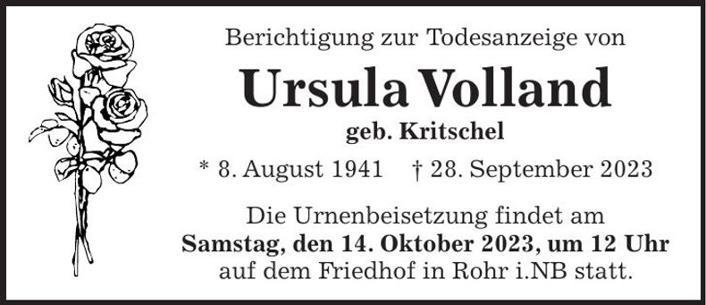 Traueranzeige Volland Ursula