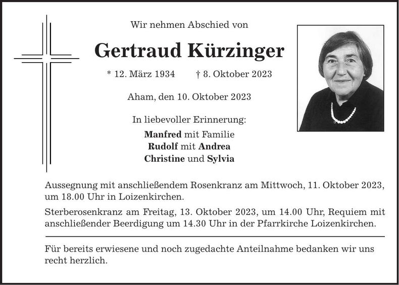 Traueranzeige Gertraud Kürzinger