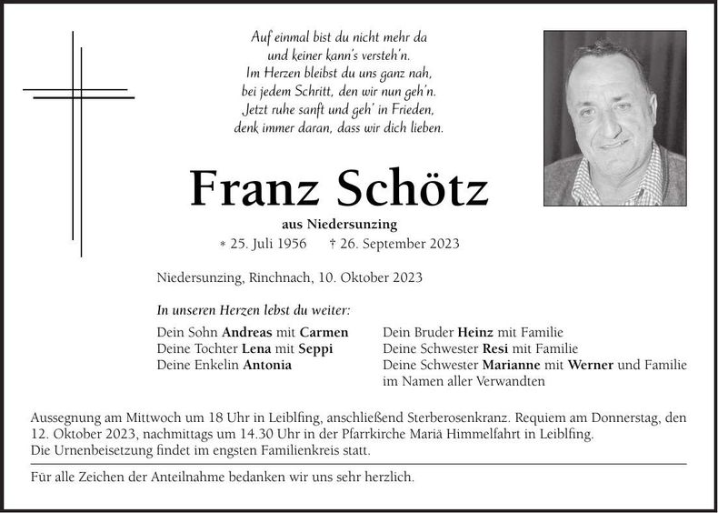 Traueranzeige Franz Schötz