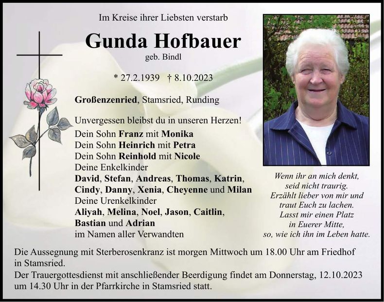 Traueranzeige Kunigunde Hofbauer