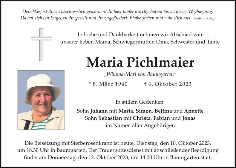 Traueranzeige Maria Pichlmaier