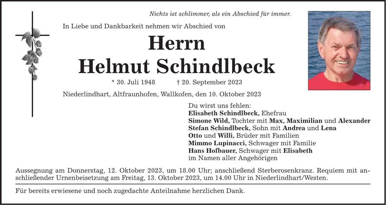 Traueranzeige Helmut Schindlbeck