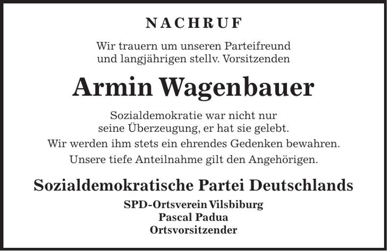 Traueranzeige Armin Wagenbauer