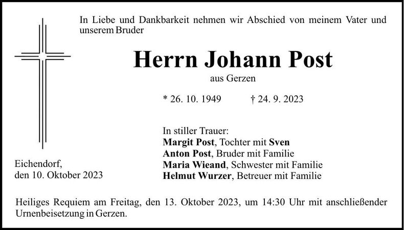 Traueranzeige Johann Post