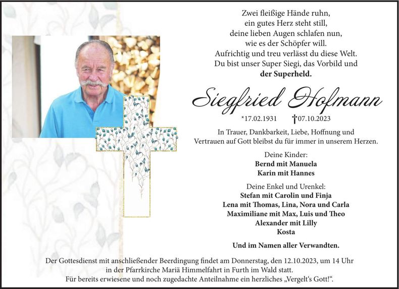 Traueranzeige Siegfried Hofmann
