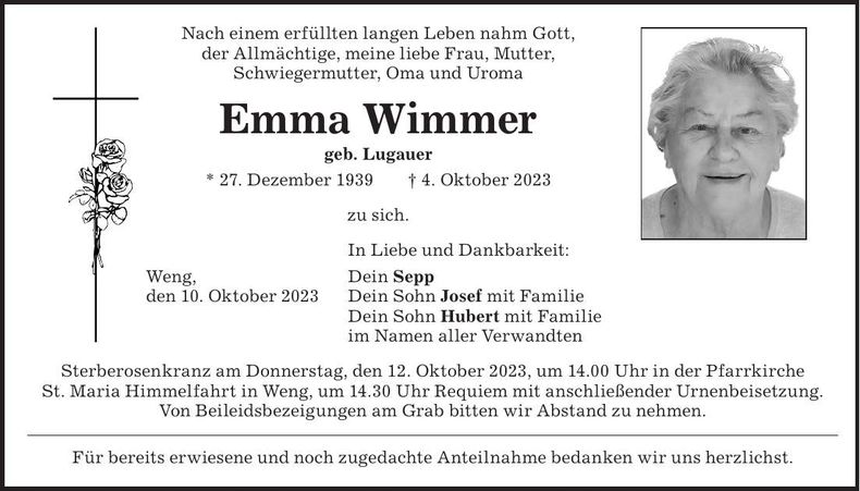 Traueranzeige Emma Wimmer