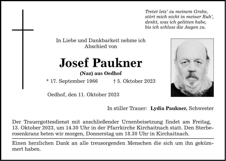 Traueranzeige Josef Paukner