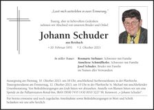 Traueranzeige Johann Schuder