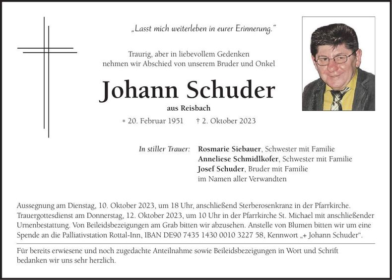 Traueranzeige Johann Schuder
