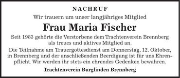 Traueranzeige Maria Fischer