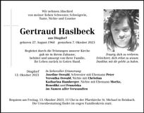Traueranzeige Gertraud Haslbeck