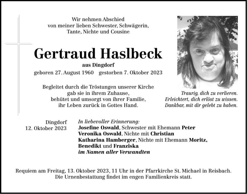 Traueranzeige Gertraud Haslbeck