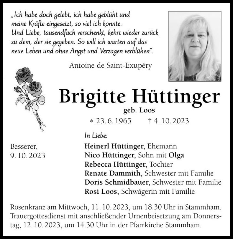 Traueranzeige Brigitte Hüttinger