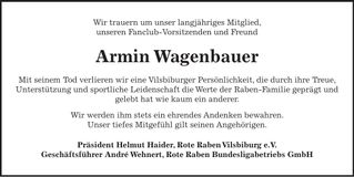 Traueranzeige Armin Wagenbauer