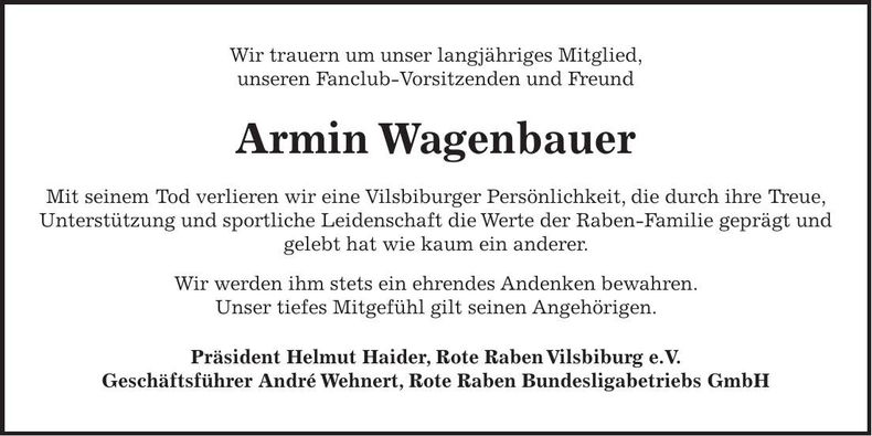 Traueranzeige Armin Wagenbauer