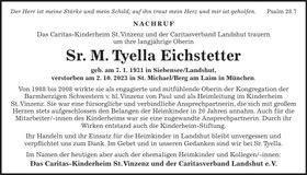 Traueranzeige Tyella Sr. M. Eichstetter