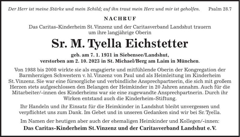 Traueranzeige Tyella Sr. M. Eichstetter