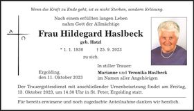 Traueranzeige Hildegard Haslbeck