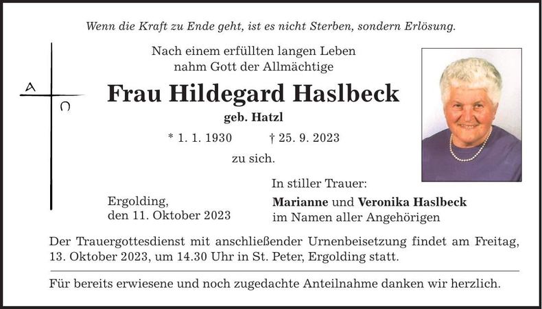 Traueranzeige Hildegard Haslbeck