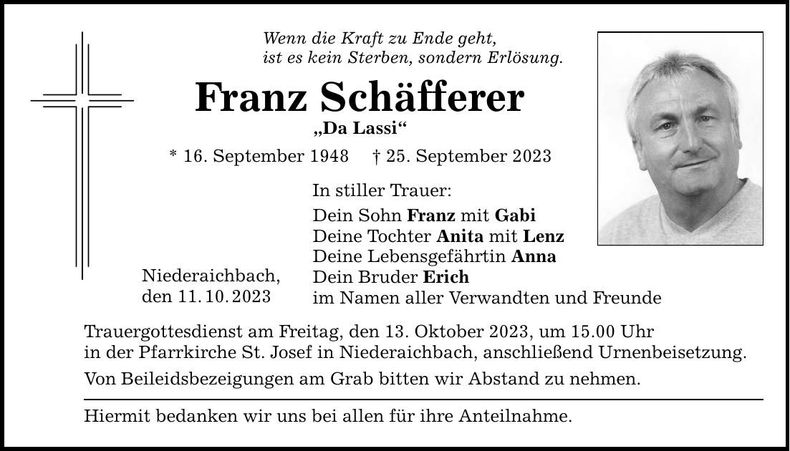 Traueranzeige Franz Schäfferer
