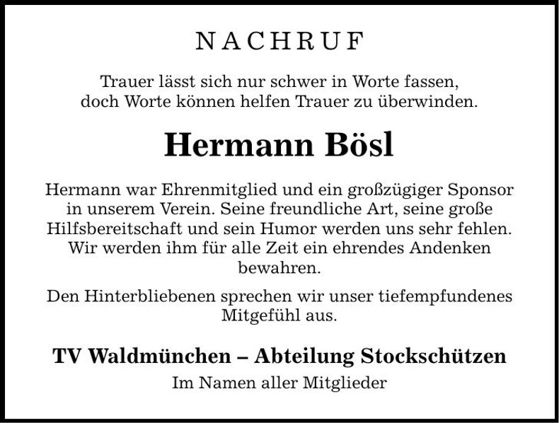 Traueranzeige Hermann Bösl