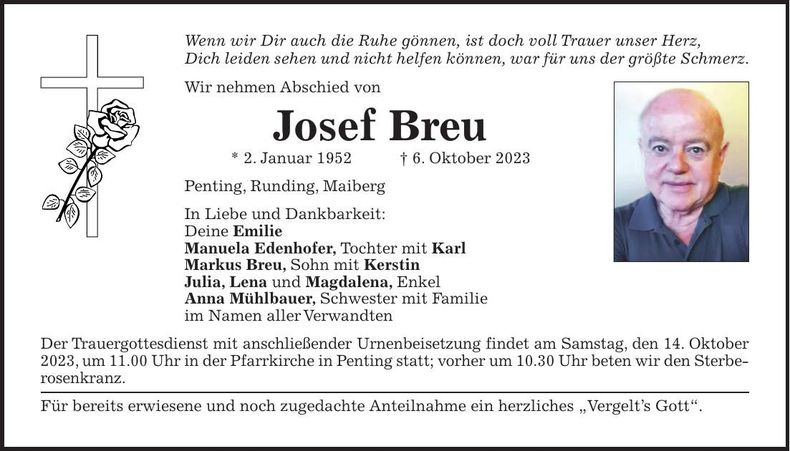 Traueranzeige Josef Breu