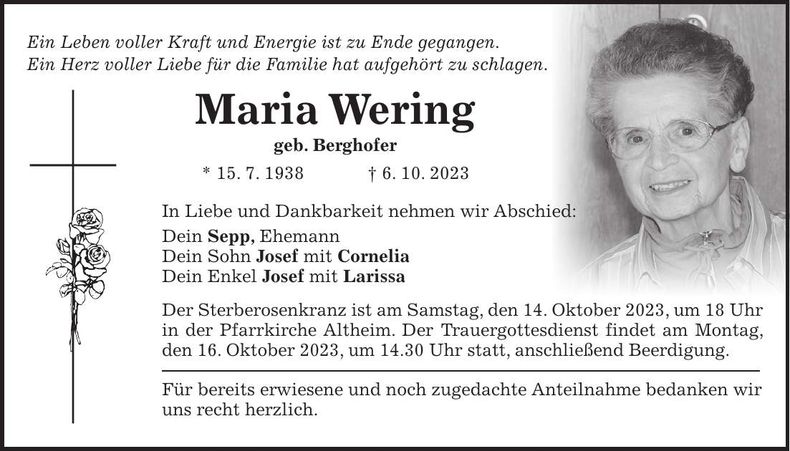 Traueranzeige Maria Wering