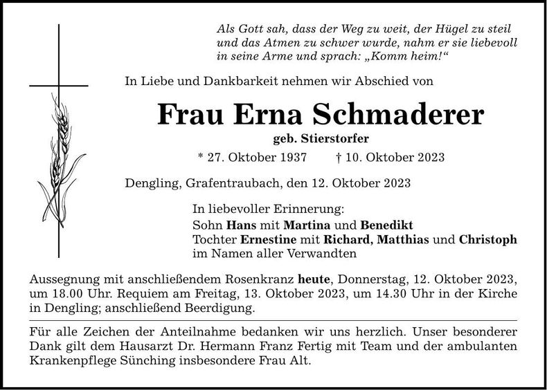 Traueranzeige Erna Schmaderer