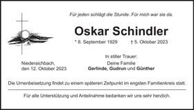 Traueranzeige Oskar Schindler
