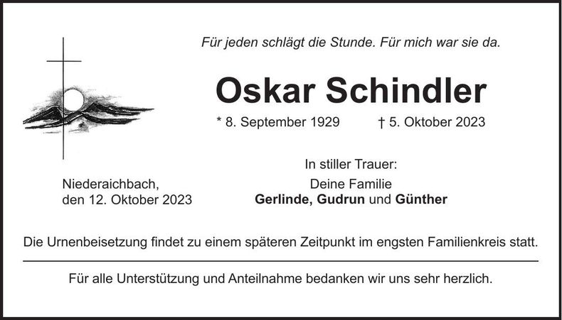 Traueranzeige Oskar Schindler