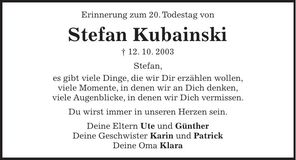 Traueranzeige Stefan Kubainski