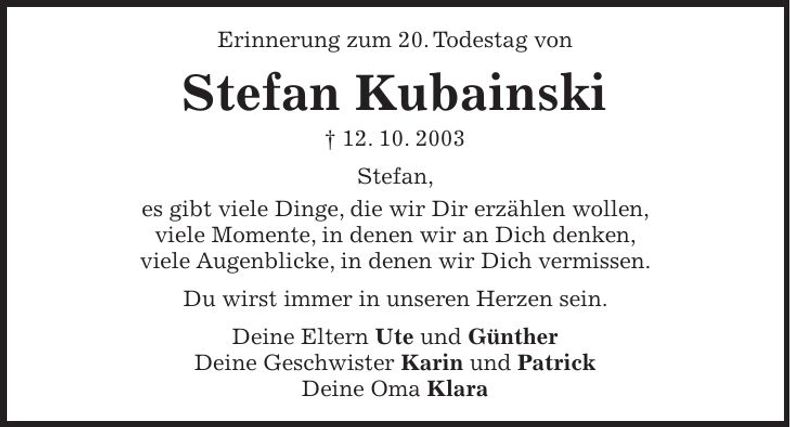 Traueranzeige Stefan Kubainski