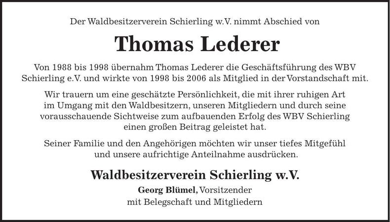 Traueranzeige Thomas Lederer
