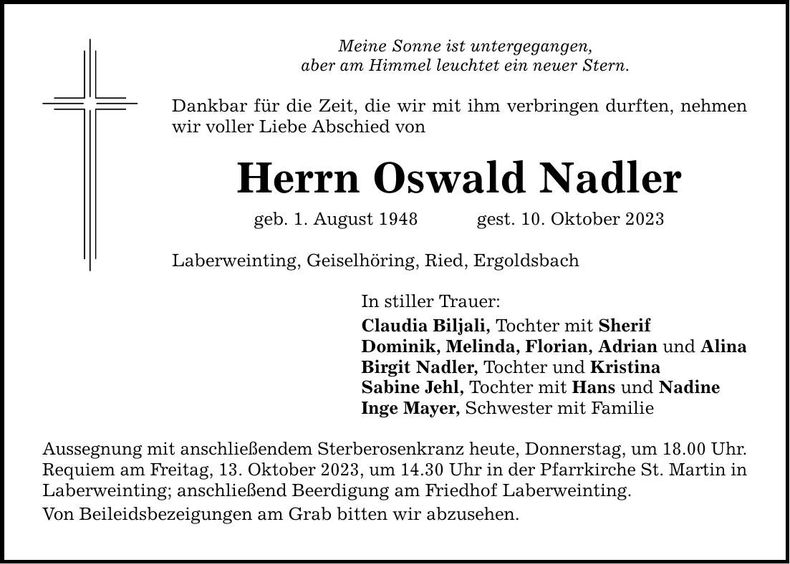 Traueranzeige Oswald Nadler