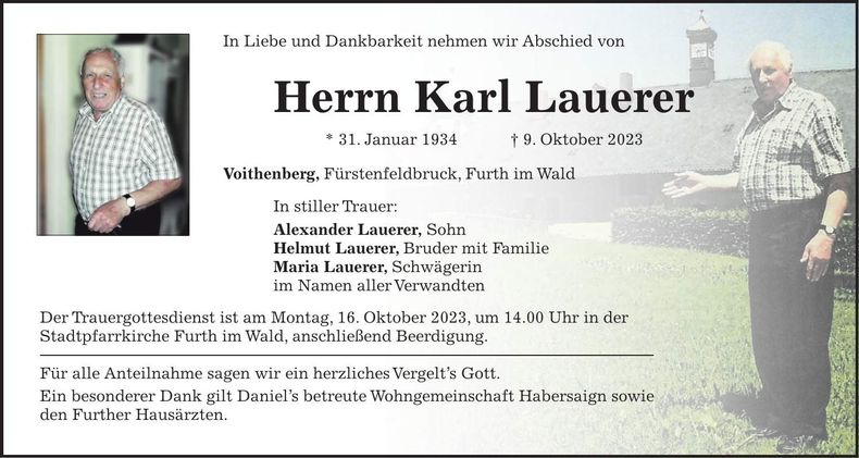 Traueranzeige Karl Lauerer