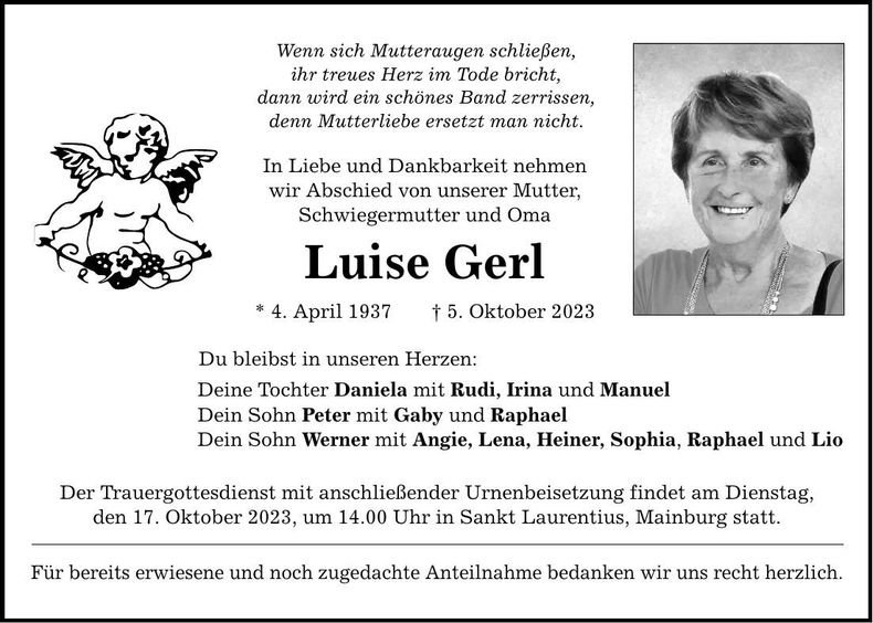 Traueranzeige Luise Gerl
