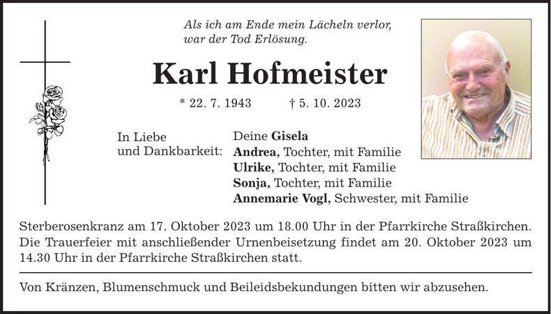 Traueranzeige Karl Hofmeister