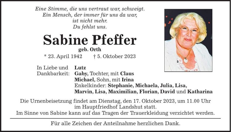 Traueranzeige Sabine Pfeffer