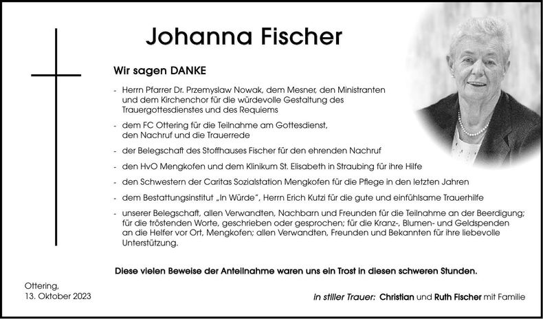 Traueranzeige Johanna Fischer