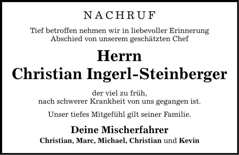 Traueranzeige Christian Ingerl-Steinberger